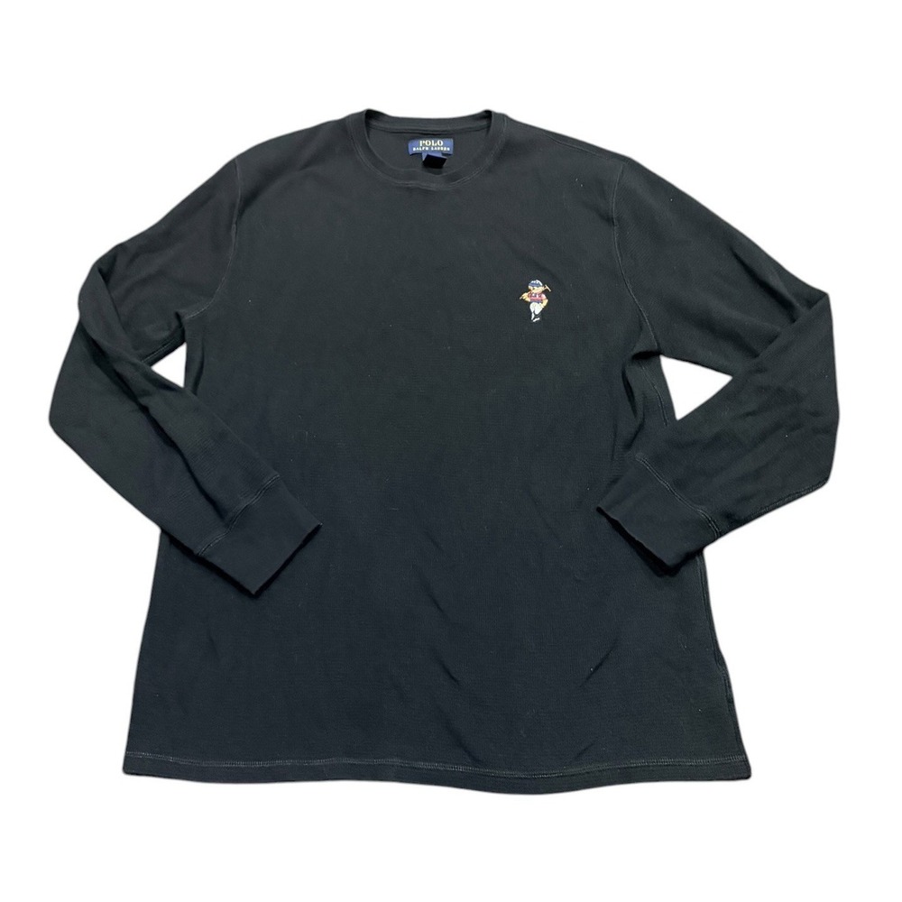 Polo Ralph Lauren Thermal Shirt Mens XL Black Waffle Long Sleeve Top Polo Bear